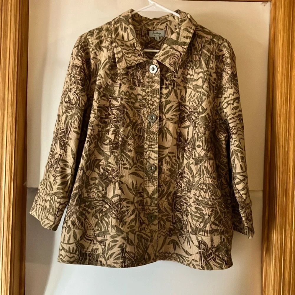 Analogy Women’s Open Front Long Sleeve Jacket Button Up Sz 1X Green & Beige EUC